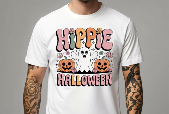 Hippie Halloween Text with Pumpkins: Graphics & T-Shirt Designs